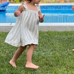 Quincy Mae Striped Ruffle Hem Dress in Sky Stripe